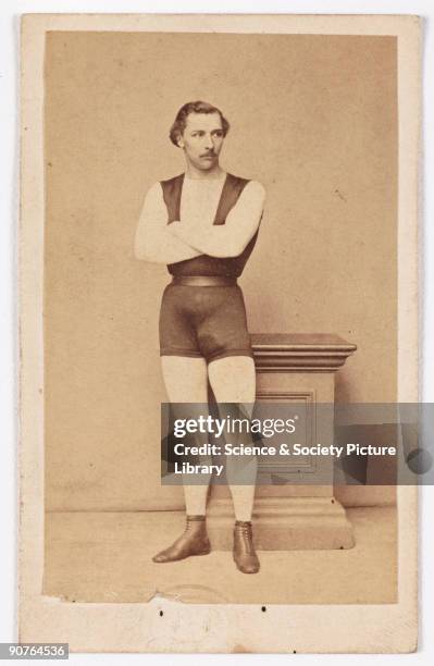 Carte-de-visite portrait of the French acrobat Jules Léotard , taken by an unknown photographer in about 1865. A carte-de-visite is a photograph...