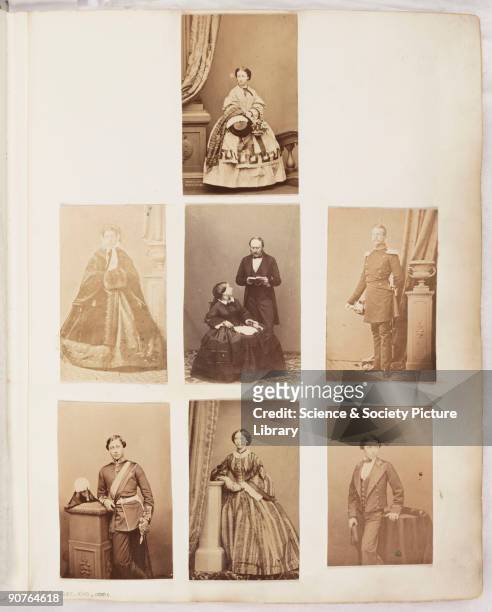 Page from a Victorian photograph album mounted with portraits of members of the Royal Family, including Queen Victoria and Prince Albert who appear...