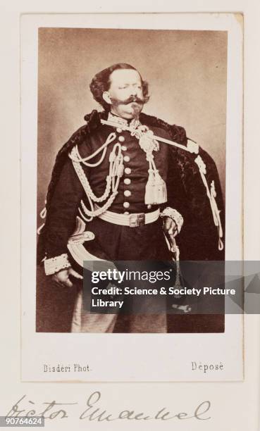 Carte-de-visite portrait of King Victor Emmanuel II, King of Sardinia, taken at the studio of Andre-Adolphe-Eugene Disdéri in about 1865. Victor...