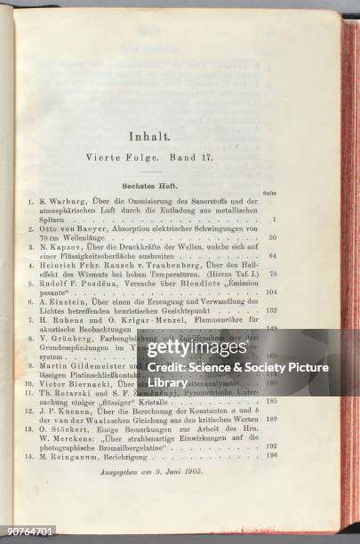 Contents page from volume 17 of the 4th series of �Annalen der Physik� , published in Leipzig in 1905. This peridiocal, the main German journal for...