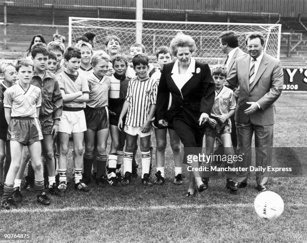 Prime Minister Margaret Thatcher has a kick-around with the football on her visit to Scunthorpe United�s new ground. Margaret Hilda Thatcher studied...