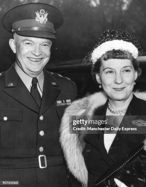 ?General Eisenhower says farewell. General Dwight Eisenhower, supreme commander allied forces in Europe, and Mrs Eisenhower pictured after they had...
