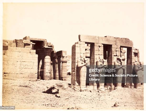 Photograph of the entrance to the Ramesseum mortuary temple at Thebes, Egypt, taken by Antonio Beato in about 1880. The columns in the entrance show...
