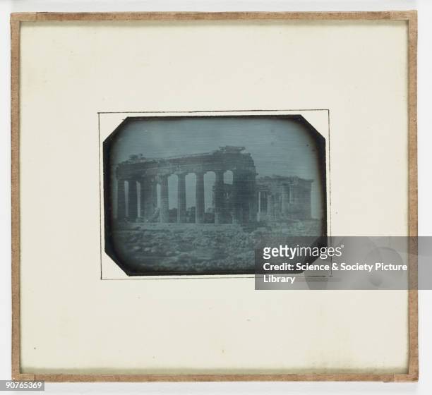 Daguerreotype of the ruins of the Parthenon on the Acropolis, Athens. This daguerreotype, made in 1852, is a copy of a salt print made from a...