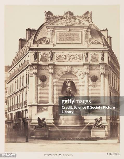 Photograph of the Fontaine Saint-Michel, Paris, taken by Edouard-Denis Baldus in about 1865. Located in the Place St Michel, the centrepiece of the...