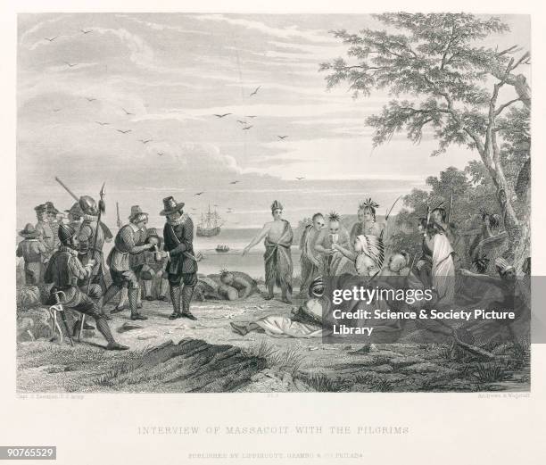 Engraving made in 1847 by C E Wagstaff and J Andrews after Captain Seth Eastman, US Army, of Quaker pilgrims meeting Massasoit , chief of the...