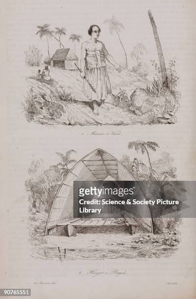 Engraving by Boilly after de Sainson, showing a man from the island of Vava�u, now part of Tonga, and below, a building for housing canoes....