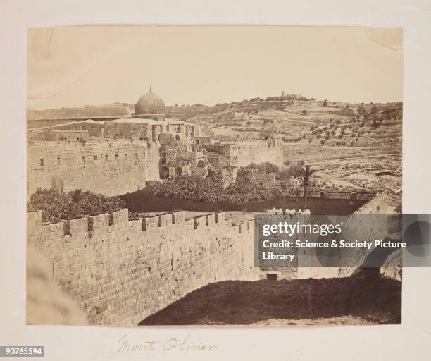 Photograph of the Mount of Olives, Jerusalem, taken by Robertson, Beato and Co. Many events in the Bible took place on the Mount of Olives. It was...