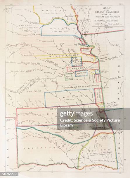 Map compiled and drawn by soldier-artist Captain Seth Eastman of the US Army, showing the various tribes and language groups in what is now Nebraska,...