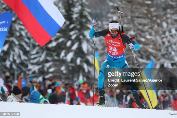 Simon Fourcade of France competes during the IBU Biathlon World Cup Men's and Women's Pursuit on January 20, 2018 in Antholz-Anterselva, Italy.