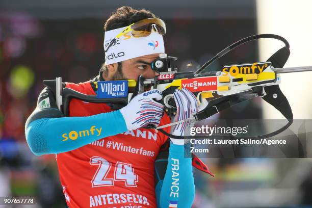 Simon Fourcade of France competes during the IBU Biathlon World Cup Men's and Women's Pursuit on January 20, 2018 in Antholz-Anterselva, Italy.