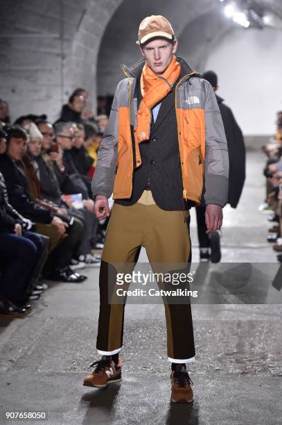 Model walks the runway at the Junya Watanabe Man Autumn Winter 2018 fashion show during Paris Menswear Fashion Week on January 19, 2018 in Paris,...