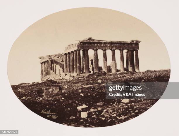 Albumen print of the Parthenon from the East, early morning. Dimensions 14.6 x 19.6cm. "