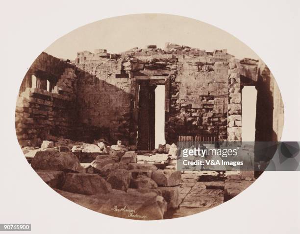 Albumen print of the 'Parthenon - interior showing building as left, roofless by the Turks after blowing up the building.' Dimensions 15.8 x 20.5cm. "