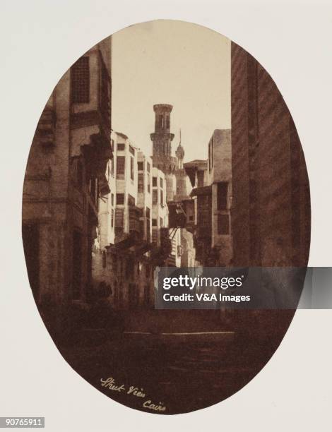 Albumen print of a street in Cairo. Dimensions 14.7 x 10.8cm.