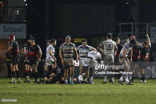 Dragons celebrate after the final whistle of the European Challenge Cup match between Dragons and Bordeaux Begles at Rodney Parade on January 20,...