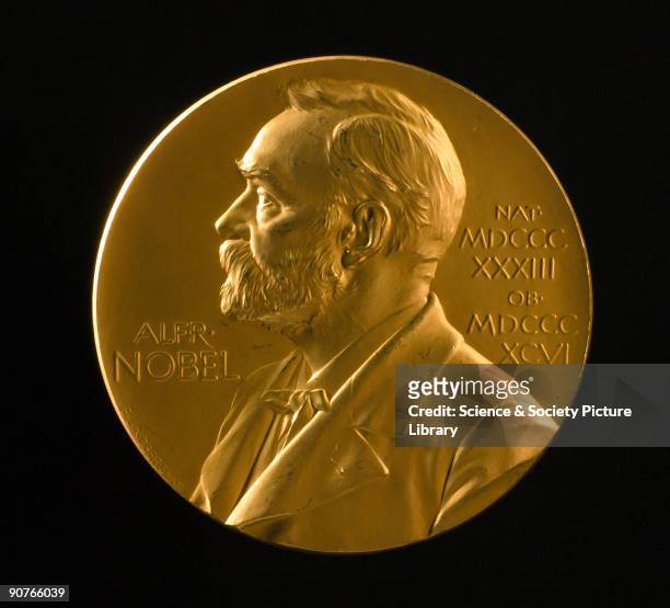 Medal for the Nobel Prize for Physics, awarded to British physicist Joseph John Thomson in 1906. The design shows a relief profile of Alfred Nobel,...