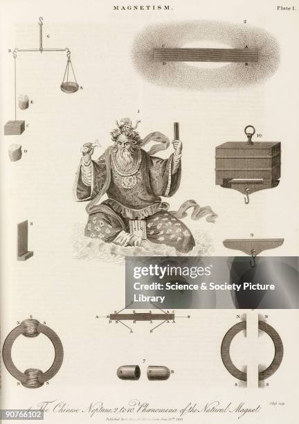 Engraving by J Pass showing a Chinese deity, and apparatus used to demonstrate magnetism. When iron filings are placed near a magnet they become...