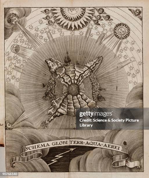 Genesis of the world of the elements between the celestial world of light and the chaotic underworld, inspired by engravings in Athanasius Kircher's...