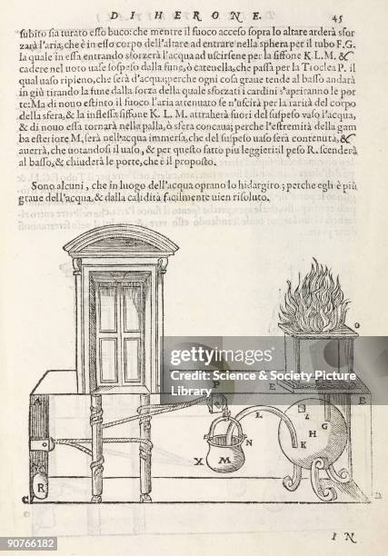 Engraved diagram showing a method whereby, �on lighting a fire, the doors shall open spontaneously, and shut again when the fire is extinguished�. A...