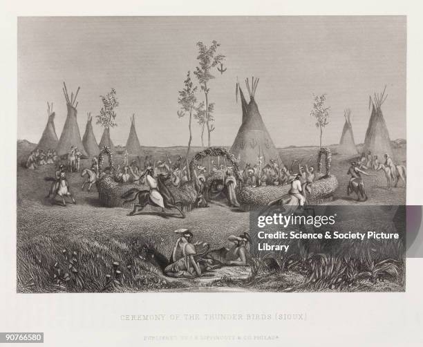 Engraving of Native Americans performing a ritual; thunder and lightning were attributed to giant creatures known as thunderbirds.The Native American...