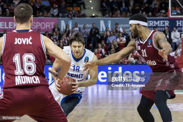 Stefan Jovic of Muenchen, Devin Booker of Muenchen and Evgeny Voronov of St. Petersburg battle for the ball during the EuroCup Top 16 Round 3 match...