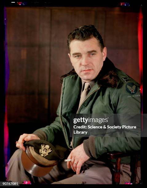 Kodachrome colour photograph of an unknown United States airman, taken by JCA Redhead during World War Two. This United States Army Air Force officer...