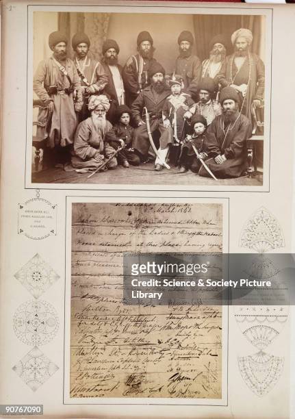 Photograph by John Burke [1845-1900] of the Afghan Amir Shere Ali Khan [1825�1879] surrounded by his sirdars and family, taken in about 1878 and...
