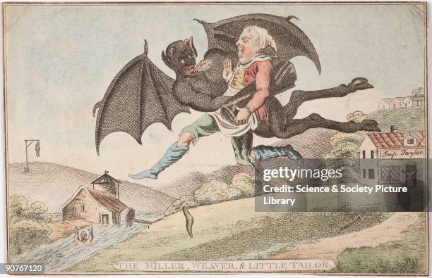 Coloured print showing a man being carried off by a flying demonic creature. In a macabre scene, a man appears to be drowning in a river downstream...