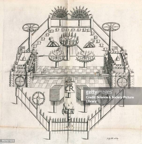Engraving of a firework display with two large wooden castles and numerous devices bristling with fireworks. The letters �CR� probably refer to King...