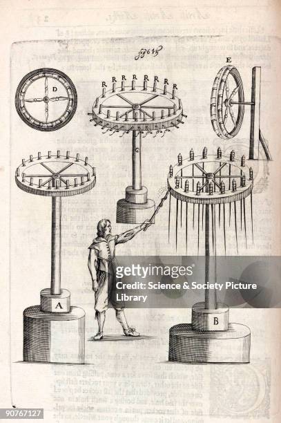 Engraving showing a fixed wheel that 'shall cast forth many rockets in the ayre'. In all, sixteen rockets would be fired in succession. Firework...