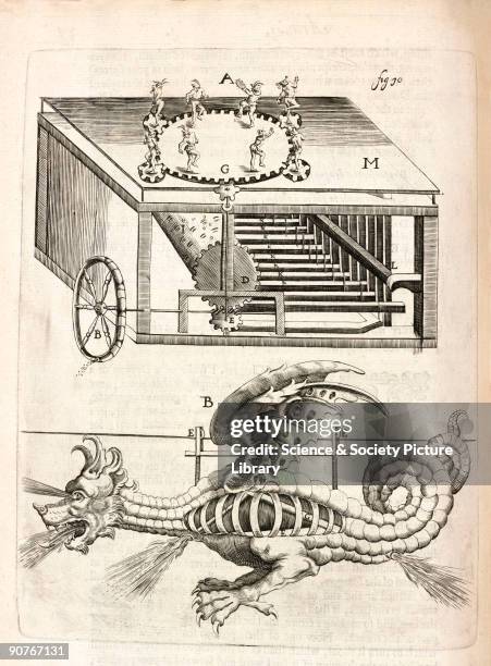 Engraving showing 'How to present musick playing, , with anticks dancing' and below, the inner workings of one of master pyrotechnician John...