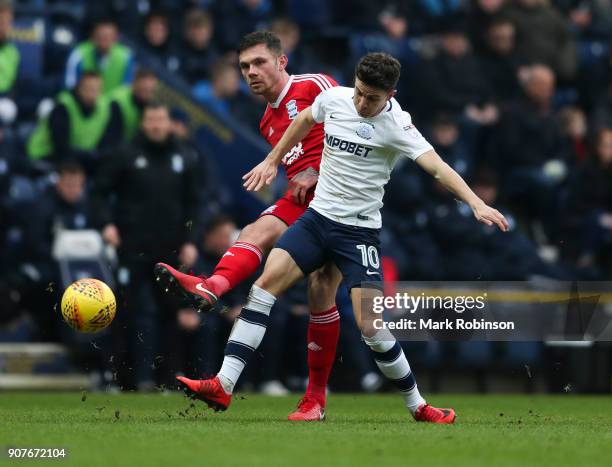 Birmingham City's Harlee Dean and Preston North End's Josh Harrop during the Sky Bet Championship match between Preston North End and Birmingham City...