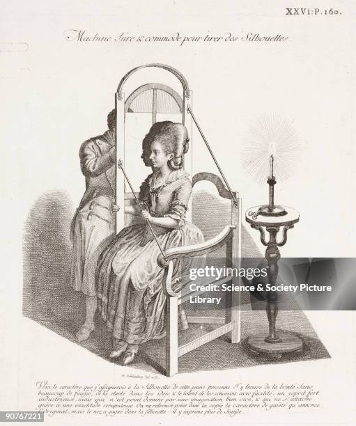 �Machine fure et commode pour tirer les silouettes�. A frame holding a canvas is fixed to the arm of a chair between the model and artists so that...