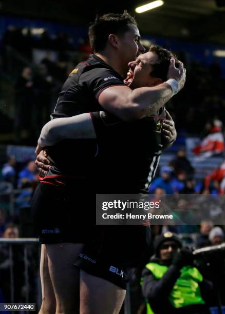 Sean Maitland of Saracens celebrates with Alex Goode of Saracens after scoring a tryduring the European Rugby Champions Cup match between Saracens...