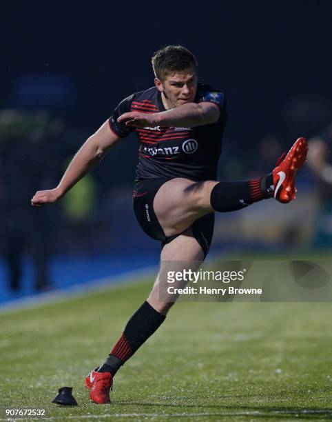 Owen Farrell of Saracens converts a try during the European Rugby Champions Cup match between Saracens and Northampton Saints at Allianz Park on...