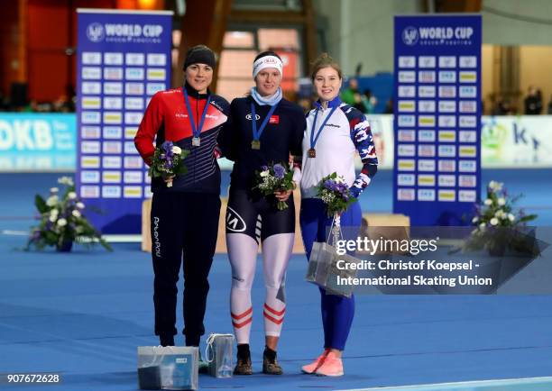 Karolina Erbanova of Czech Republic poses during the medal ceremony after winning the 2nd place, Vanessa Herzog of Austria poses during the medal...