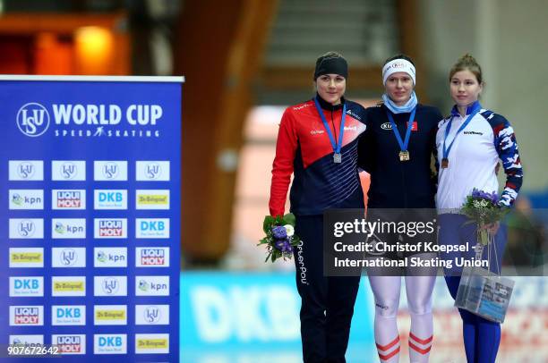 Karolina Erbanova of Czech Republic poses during the medal ceremony after winning the 2nd place, Vanessa Herzog of Austria poses during the medal...
