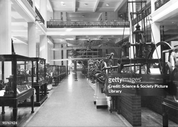 View of the East Hall of the Science Museum, London, looking towards the Aeronautics gallery . Includes the original Wright Flyer, the aeroplane in...