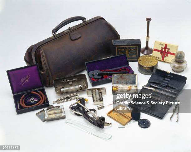 The bag and its contents originally belonged to Professor John Hill Abram, and consist of a variety of medical instruments including stethoscopes and...