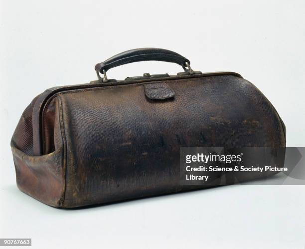 The bag originally belonged to Professor John Hill Abram. It contains a variety of medical instruments including stethoscopes and syringes. Made of...