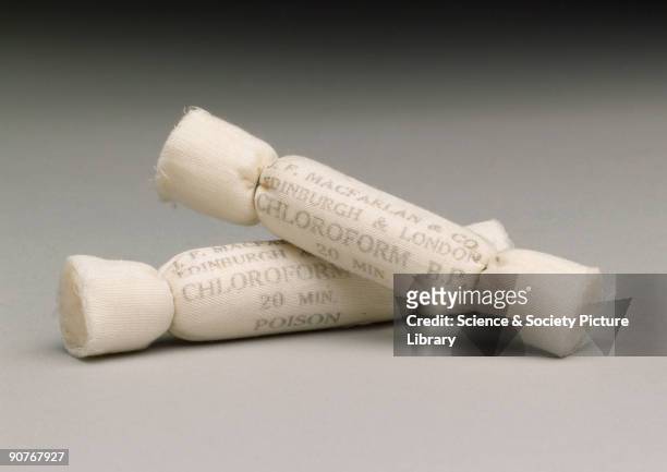 These crushable ampoules contain chloroform and are called �Brisettes�. They are composed of glass with a protective wrapping of gauze and cotton...
