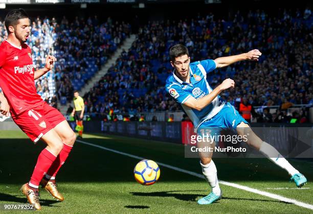 Didac Vila and Correa during the La Liga match between RCD Espanyol and Sevilla FC played in the RCDEstadium, in Barcelona, on January 20, 2018....
