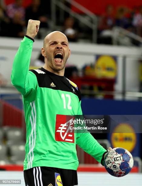 Vincent Gerard, goalkeeper of France celebrates during the Men's Handball European Championship main round match between Sweden and France at Arena...