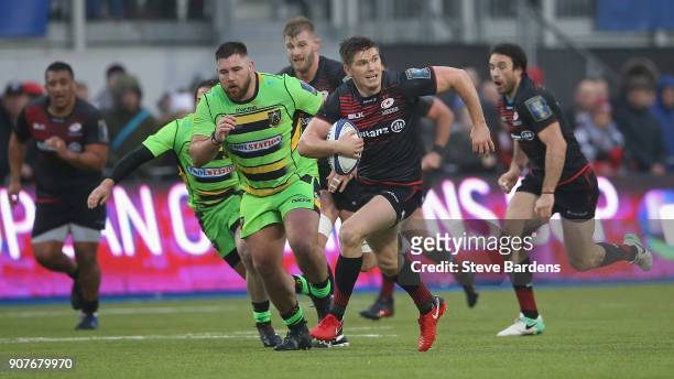 Owen Farrell of Saracens in action during the European Rugby Champions Cup match between Saracens and Northampton Saints at Allianz Park on January...