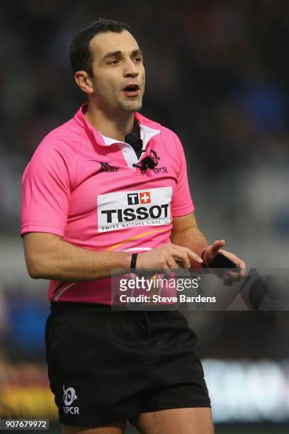 The Referee, Mathieu Raynal during the European Rugby Champions Cup match between Saracens and Northampton Saints at Allianz Park on January 20, 2018...