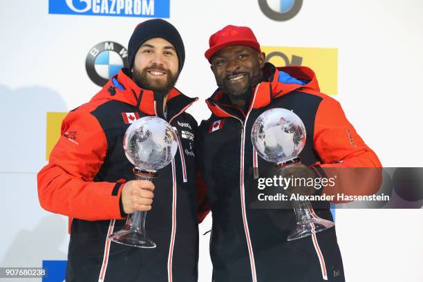 Chris Spring and Cameron Stones of Canada celebrate winning the 3rd place of the overall World Cup at Deutsche Post Eisarena Koenigssee after the BMW...