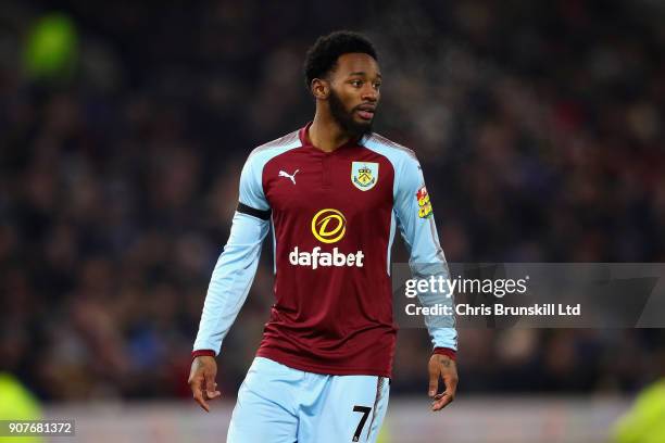 Georges-Kevin N'Koudou of Burnley looks on during the Premier League match between Burnley and Manchester United at Turf Moor on January 20, 2018 in...