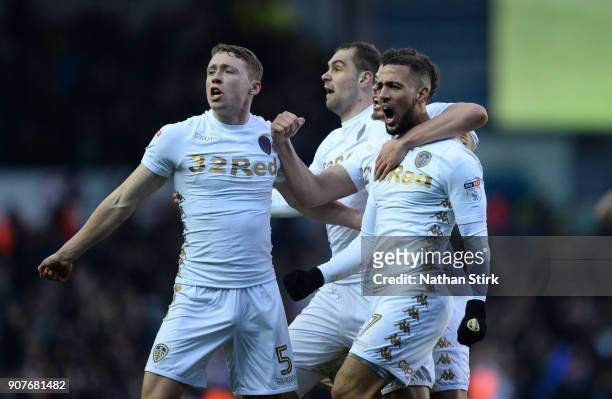 Kemar Roofe of Leeds United celebrates with his team mates after he scores during the Sky Bet Championship match between Leeds United and Millwall at...