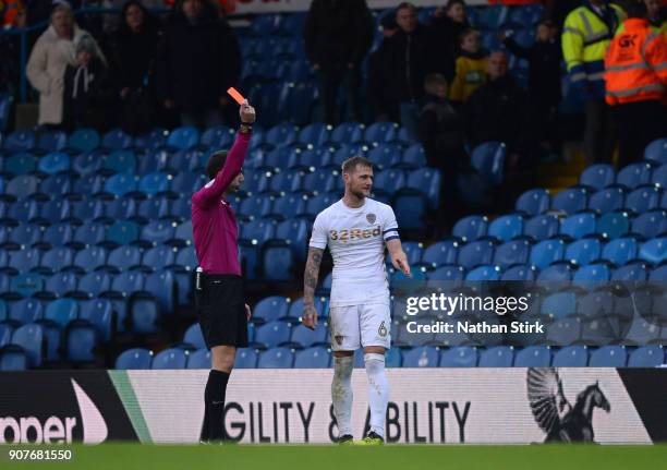 Liam Cooper of Millwall is sent off during the Sky Bet Championship match between Leeds United and Millwall at Elland Road on January 20, 2018 in...